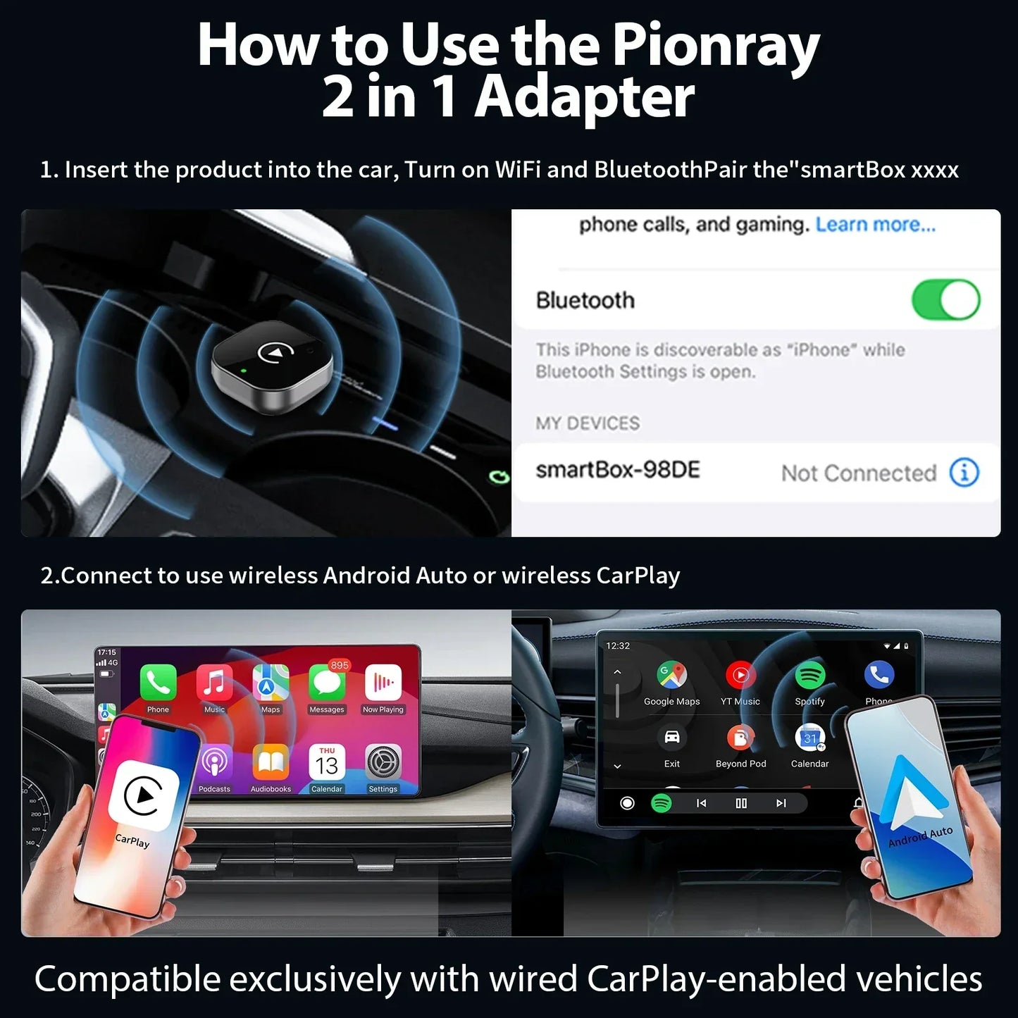 Boîte CarPlay & Android Auto Sans Fil – Compatible 99% des Voitures avec CarPlay Câblé